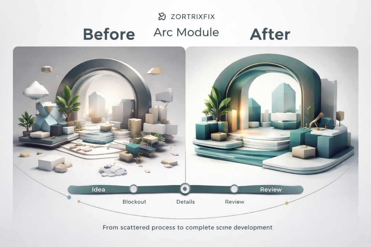 Before and after comparison of a scene development process using Zortrix Fix's Arc Module.