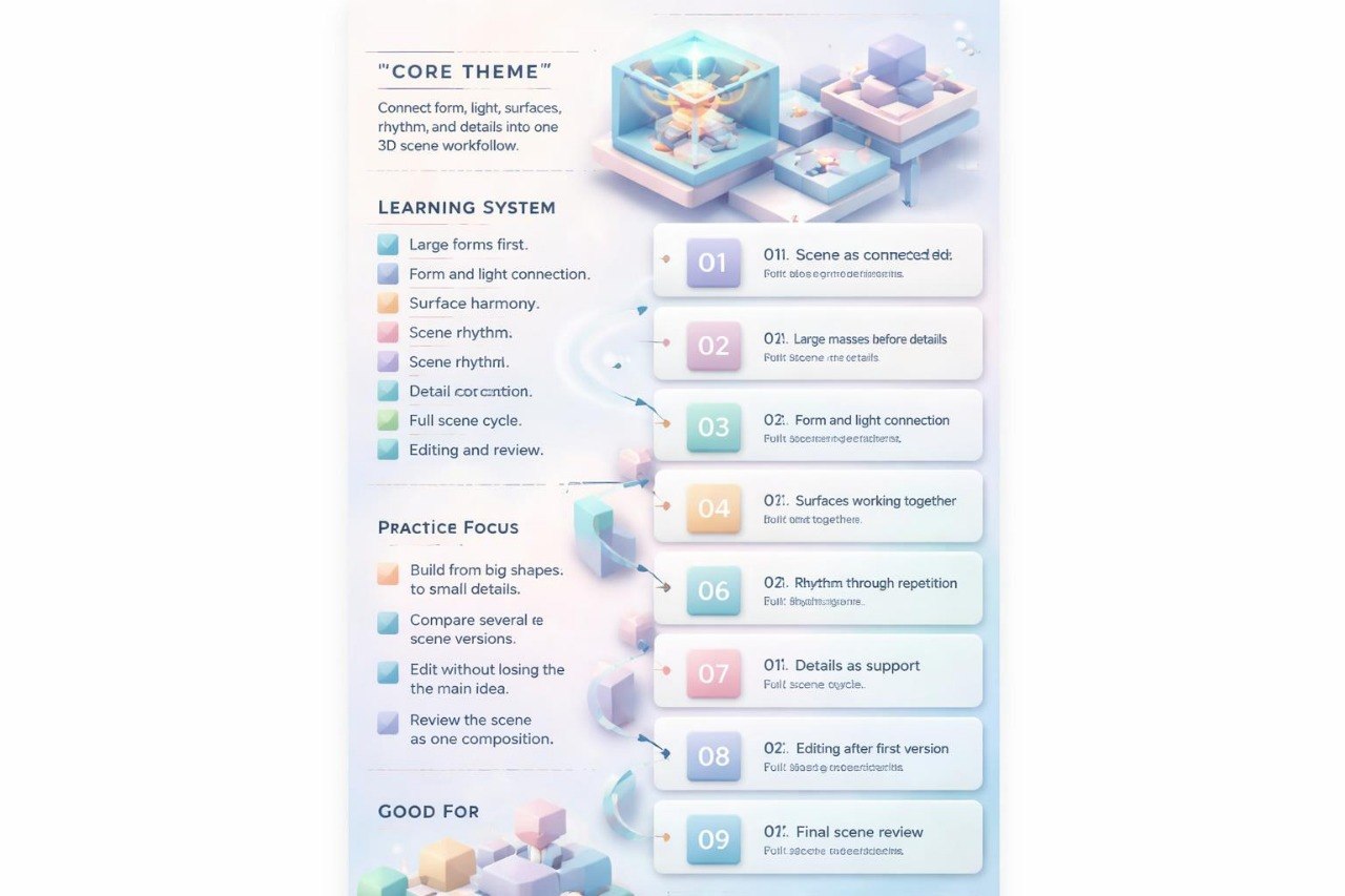 Educational chart detailing a learning system with core theme, learning system, practice focus, and examples.