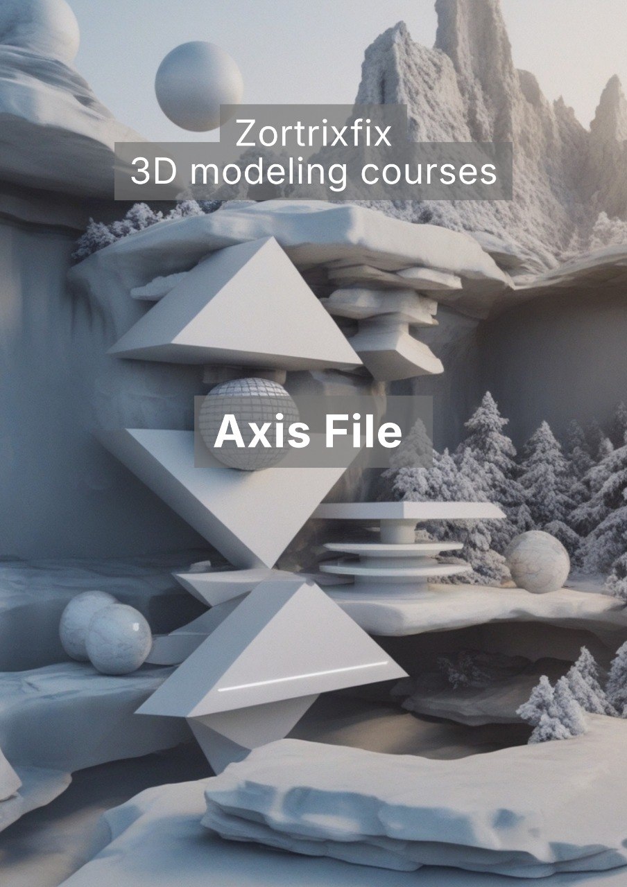 3D modeling scene with geometric shapes and snowy landscape, featuring Zortrixfix branding.