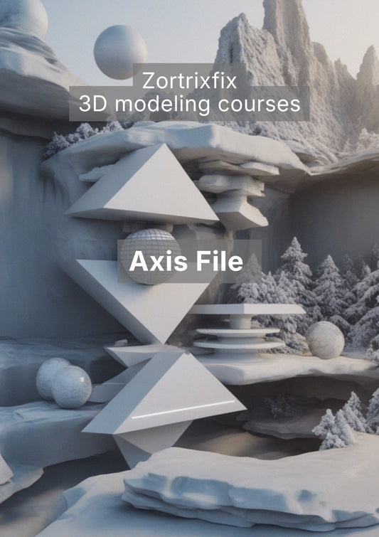 3D modeling scene with geometric shapes and snowy landscape, featuring Zortrixfix branding.