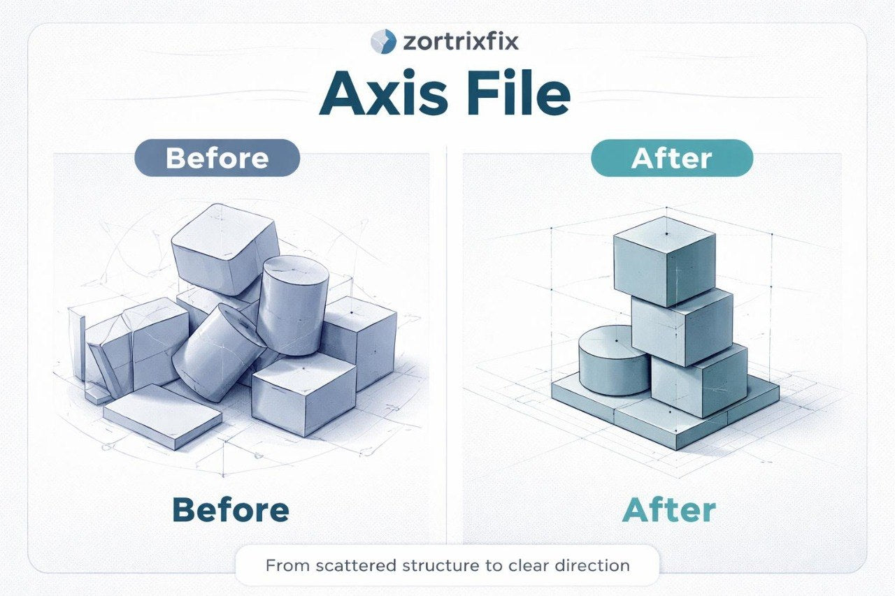 Comparison of a scattered structure before and after organization with Zortrix Fix branding.
