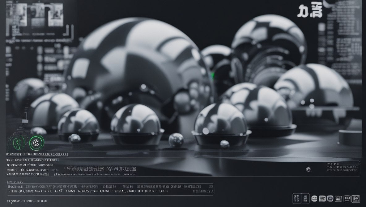 Computer-generated image of spherical objects on a dark background with technical interface elements.