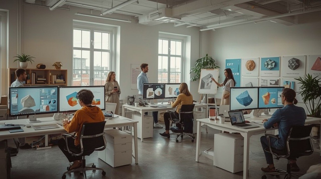Modern office with employees working at desks with multiple computer monitors.