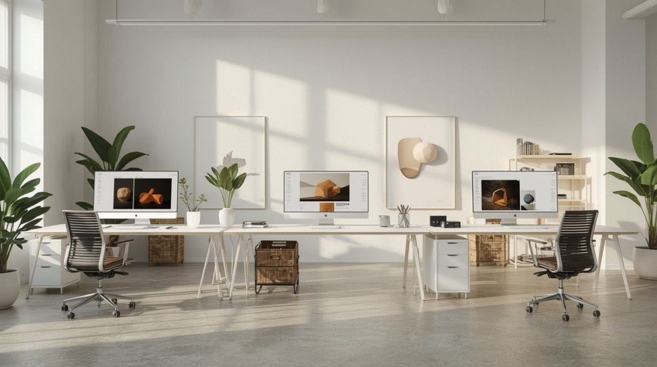 Modern office setup with multiple computer monitors on a desk, surrounded by plants and office furniture.