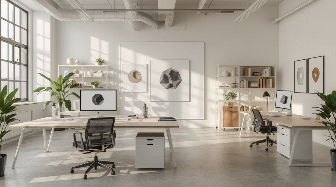 Modern office space with desks, chairs, and decor