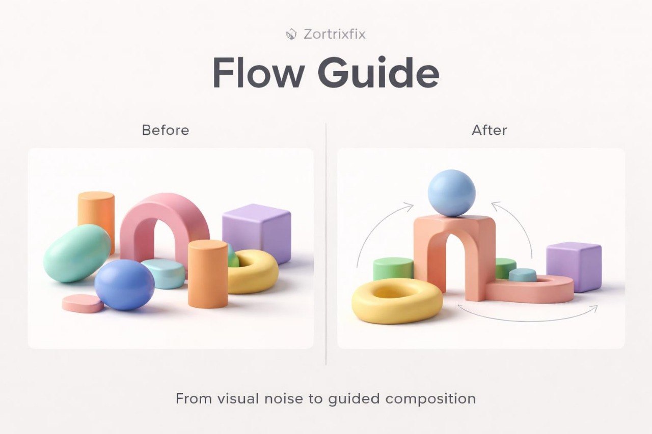 Before and after comparison of colorful geometric shapes with Zortrixfix branding.