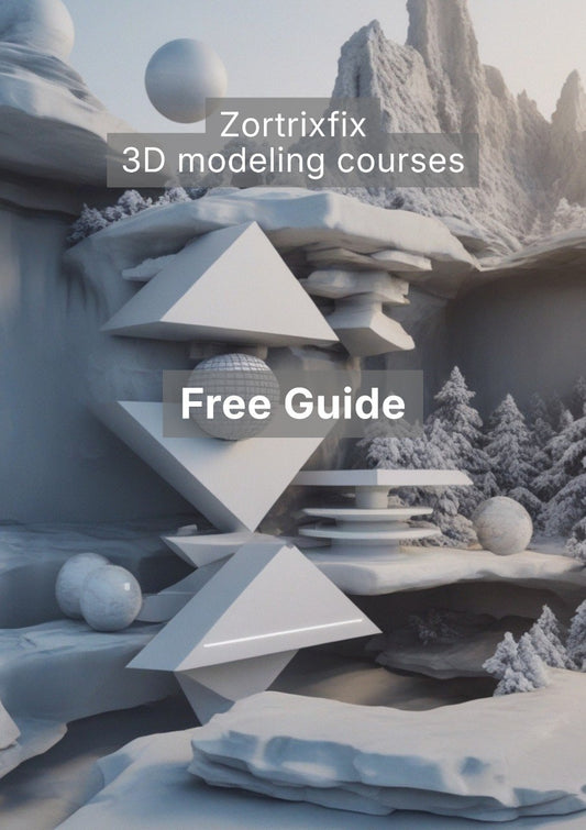 3D modeling course promotional image with geometric shapes and mountain landscape.