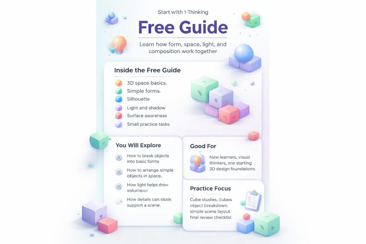 Free guide on 3D design basics with colorful 3D cubes and text on a white background