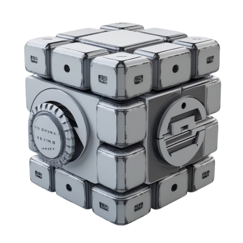 Silver puzzle cube with geometric design on a white background