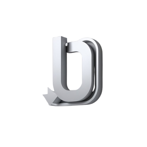 Metallic letter 'U' on a white background