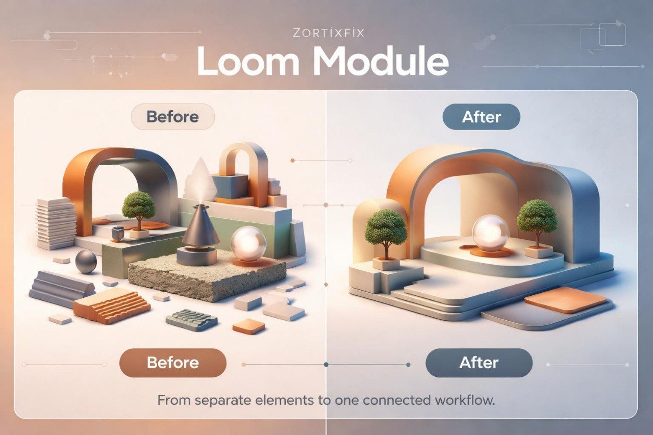 Comparison of 'Before' and 'After' designs for a Loom Module with Zortikix branding.