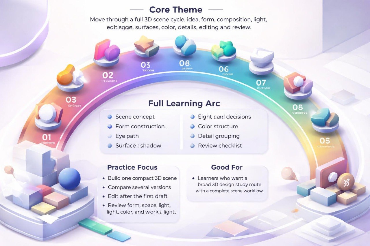 Colorful diagram of a 3D design learning arc with various stages and topics.