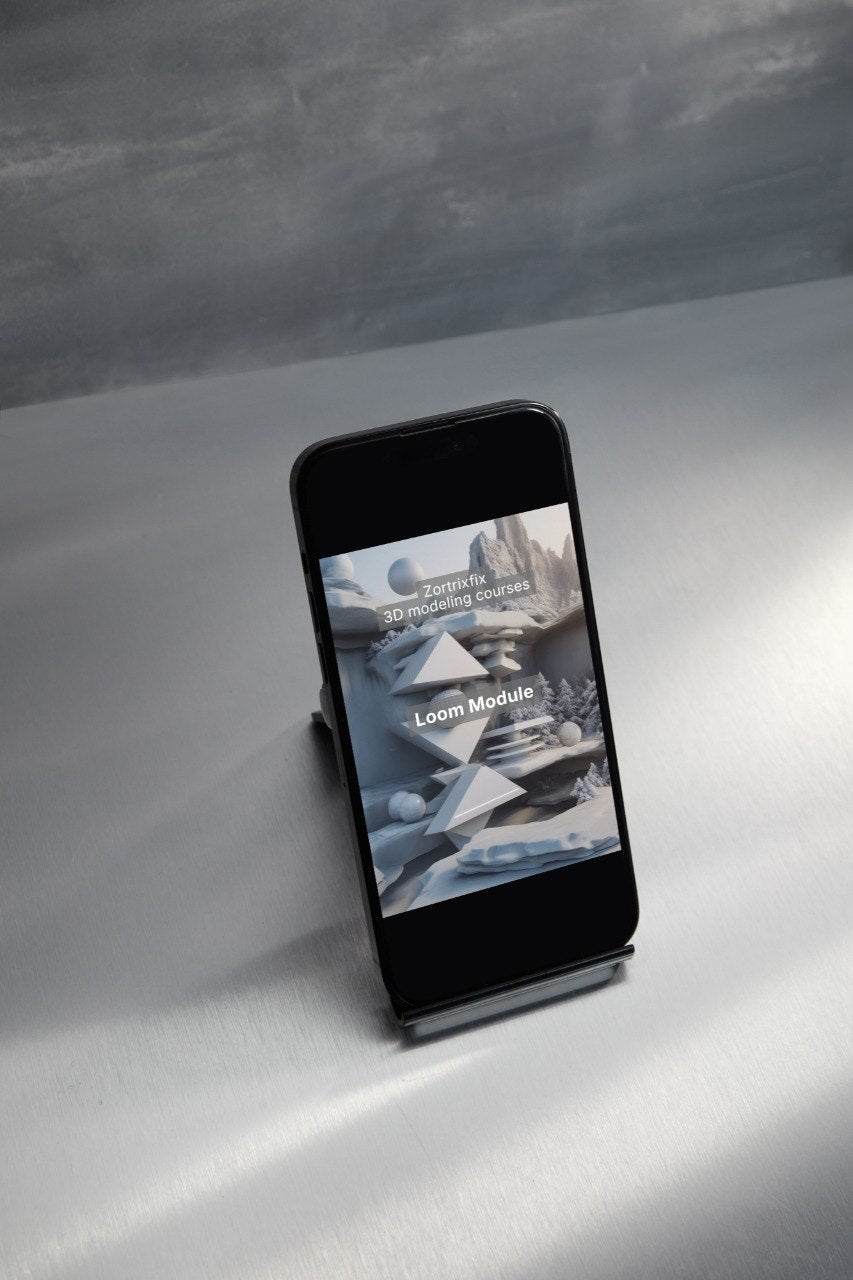 Smartphone displaying a mountain-themed app on a gray surface