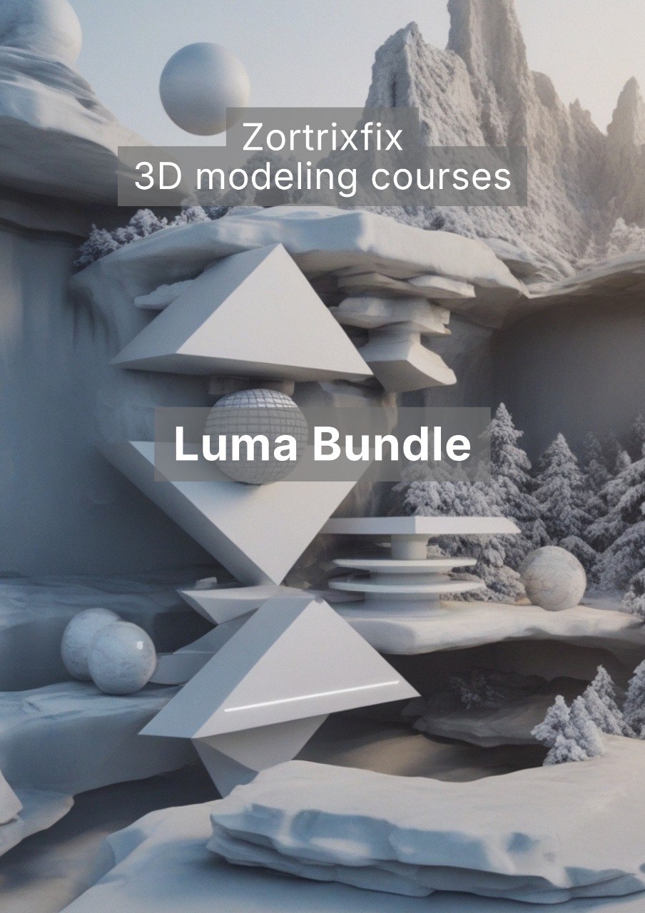3D modeling landscape with geometric shapes and snowy trees, featuring Zortrixfix 3D modeling courses text.