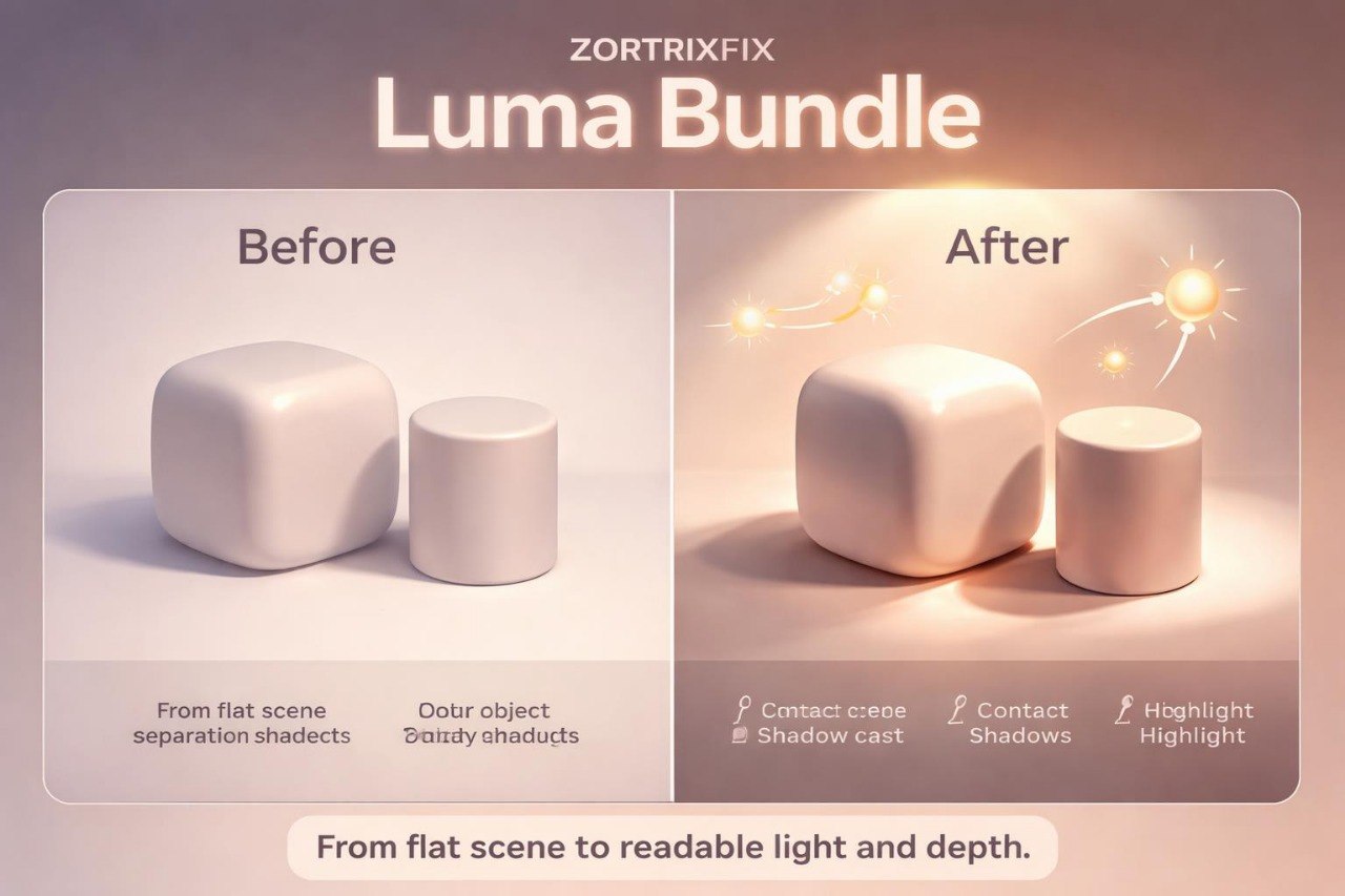 Before and after comparison of Zortrix Fix Luma Bundle effect on light and depth.