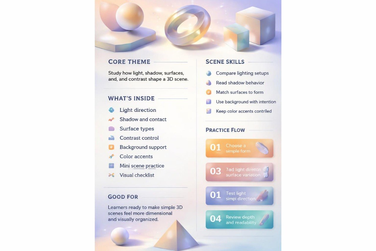 Educational poster about 3D scene skills with text and icons on a white background