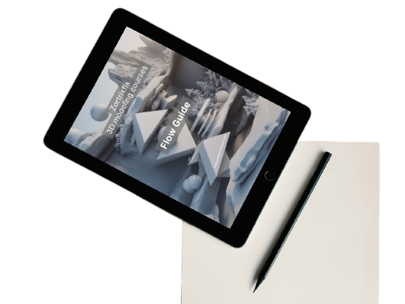 Tablet displaying a 3D modeling software flow guide on a white surface with a stylus.