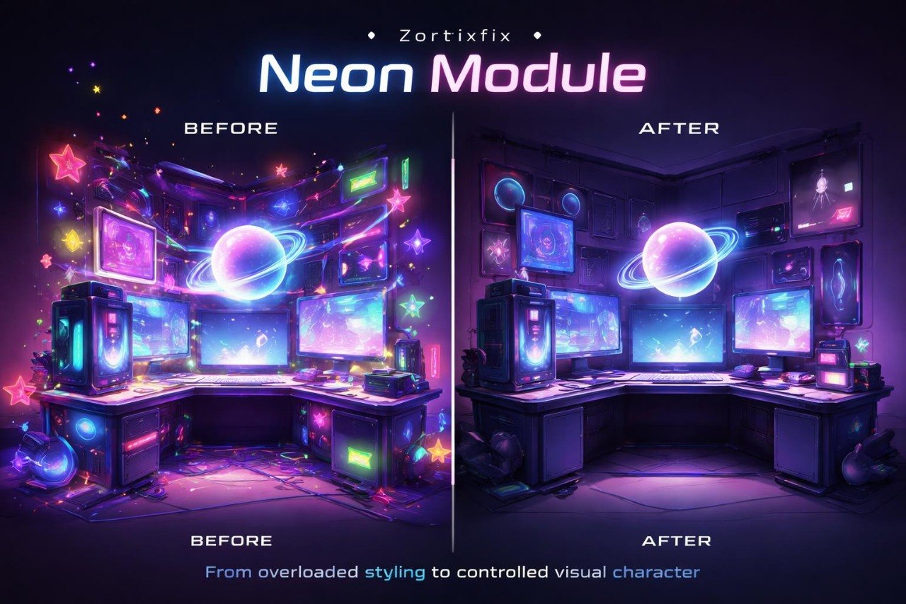 Before and after comparison of a neon module design in a futuristic room setting.