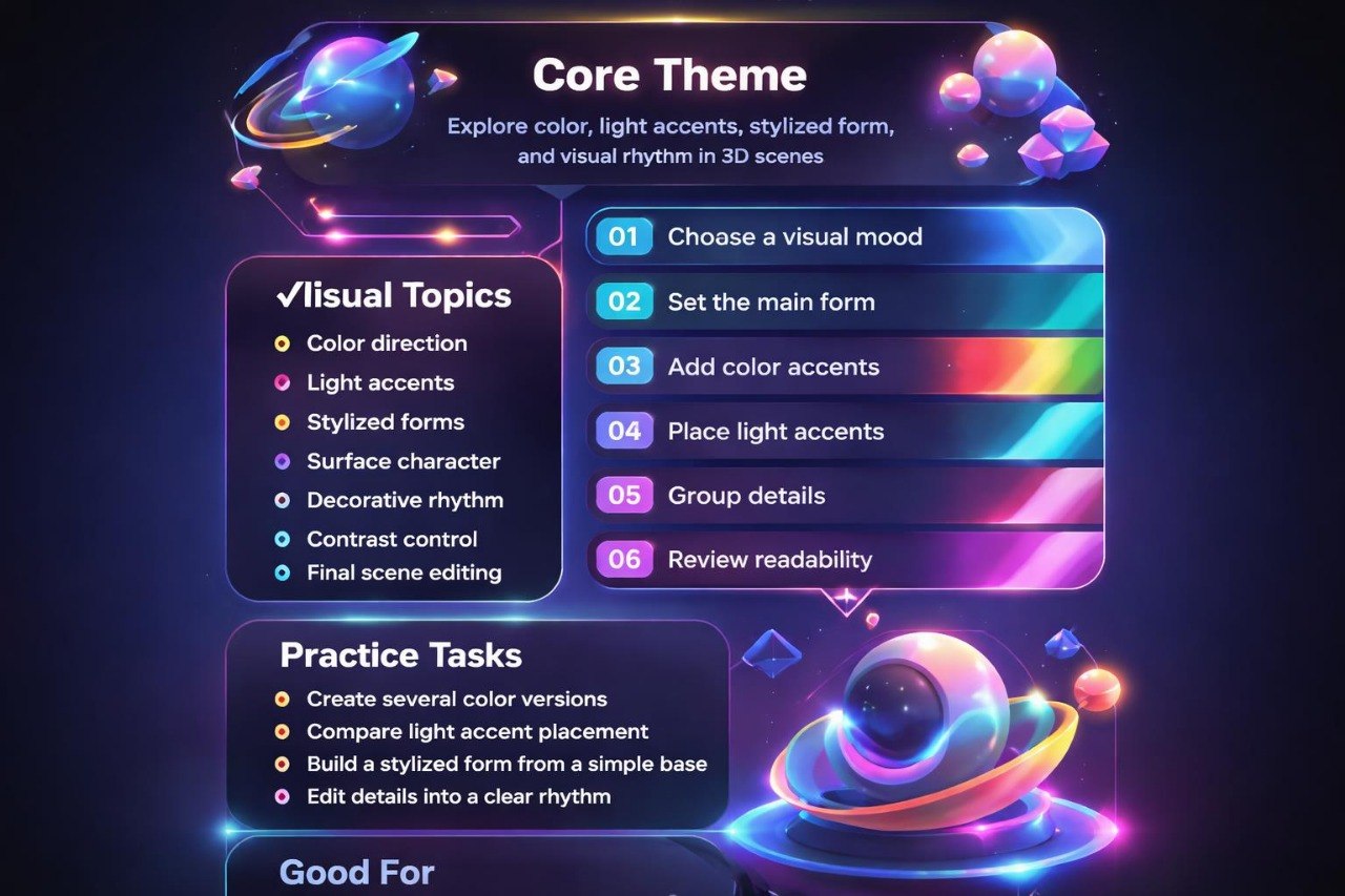 Interface for exploring color, light accents, and visual rhythm in 3D scenes with colorful graphics.