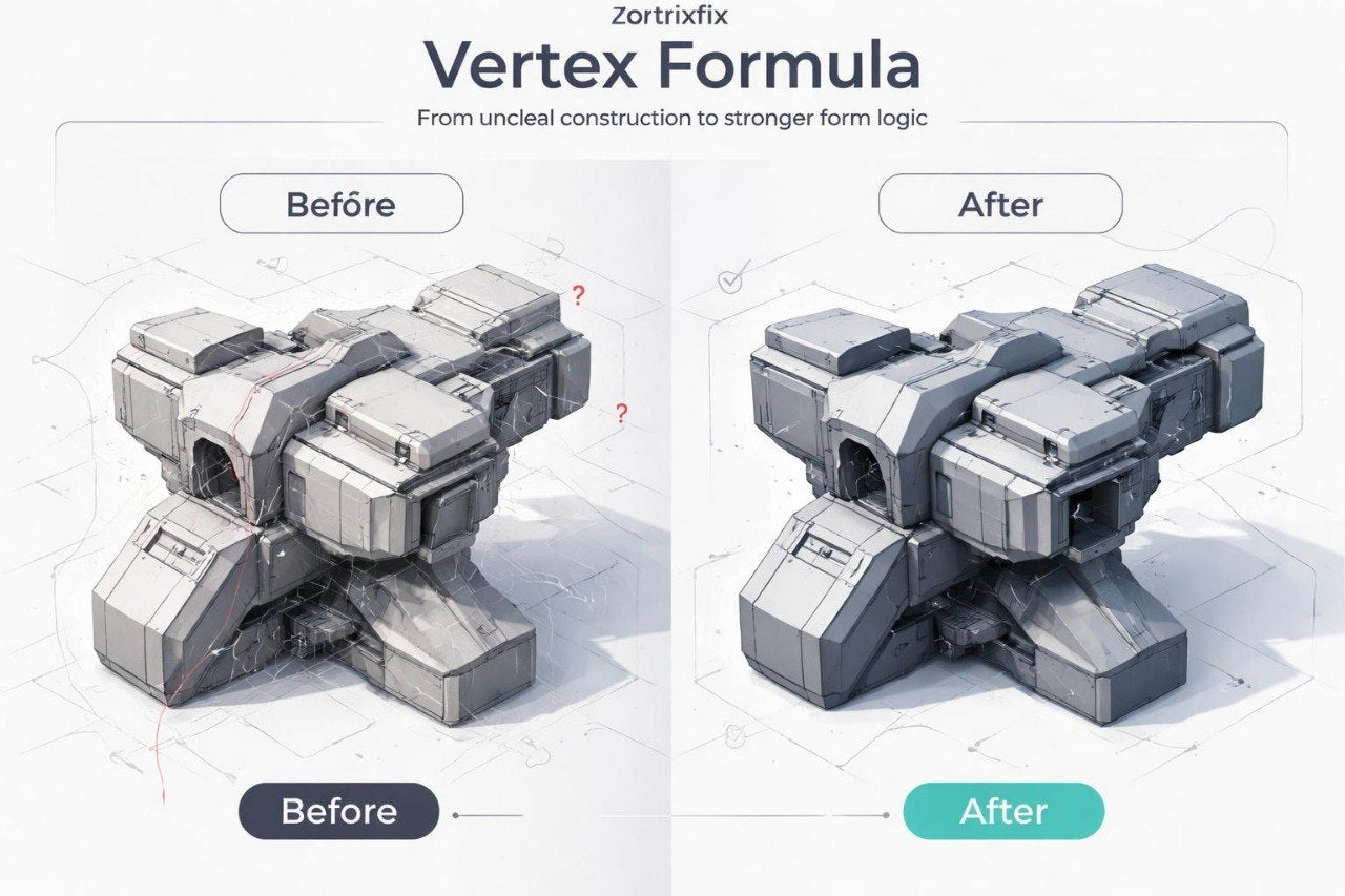Before and after comparison of a 3D model with 'Vertex Formula' text, showing improved construction logic.